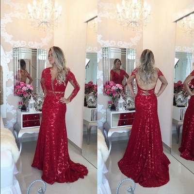 Gorgeous Red Mermaid Sequins Prom Dress UK Lace Appliques Backless_2
