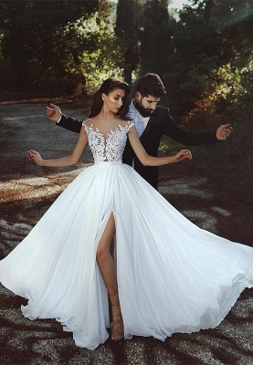 Cap-Sleeve Lace Wedding Dress |  Bridal Gowns With Slit BA8543_1