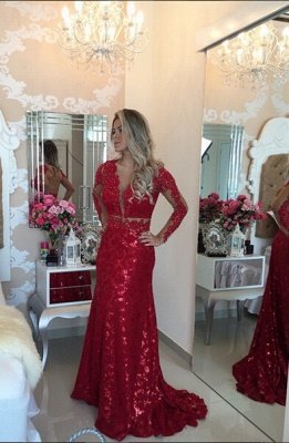 Gorgeous Red Mermaid Sequins Prom Dress UK Lace Appliques Backless_1