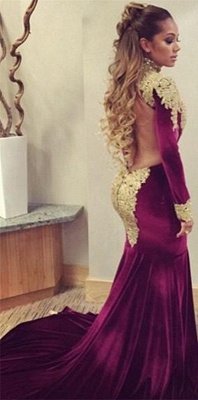 Stunning Long Sleeve Golden Appliques Evening Dress UKes UK Mermaid With Train_1