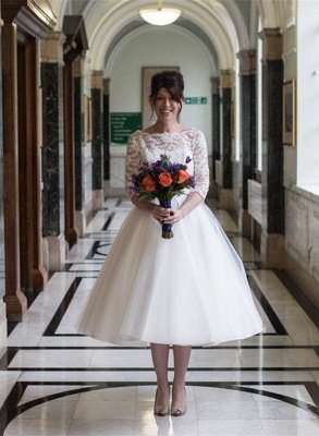 Zipper Fashion Designer Lace Tea-Length Tulle Wedding Dress_3