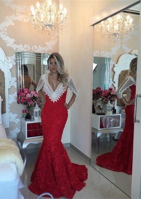 Modern V-neck Lace Mermaid Prom Dress UK Half Sleeve Zipper NB089_1