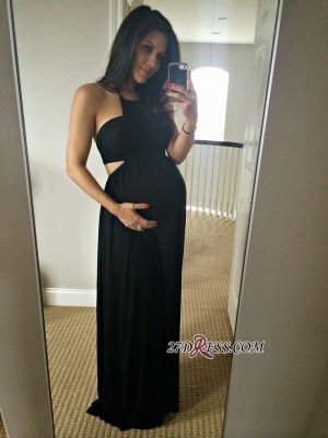 Long Black Sleeveless Elegant Halter Maternity A-line Prom Dress UK_2