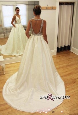 Newest A-line Beads Sleeveless V-neck Sweep-Train Wedding Dress_1