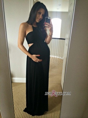 Long Black Sleeveless Elegant Halter Maternity A-line Prom Dress UK_3