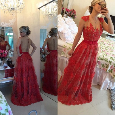 Elegant Red Pearls Lace Evening Dress UK Sheer Floor-Length Formal Dress_1