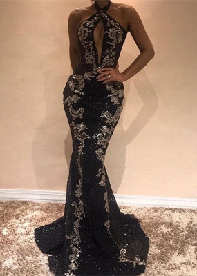Gorgeous Halter Black Evening Dress UK | Mermaid Sequins Prom Dress UK With Appliques_3