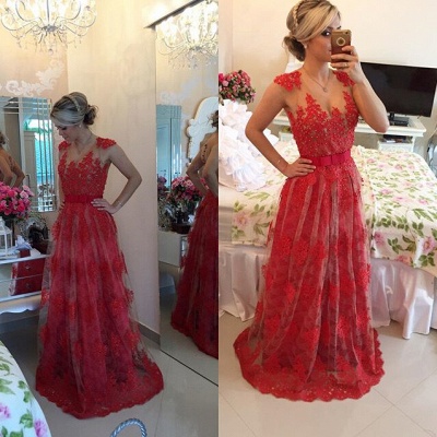 Elegant Red Pearls Lace Evening Dress UK Sheer Floor-Length Formal Dress_2