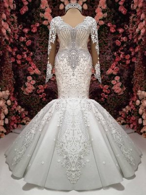 Glamorous Crystals Sexy Mermaid Bridal Gowns Long Sleeves  Wedding Dresses UK_1