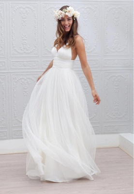 Elegant White Spaghetti Straps Wedding Dress Summer Beach Tulle Floor Length BA3218_1