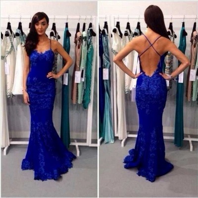 Modern Royal Blue Lace Prom Dress UK Mermaid Spaghetti Strap CT003_3