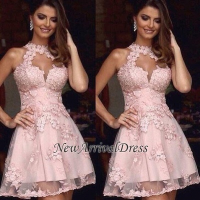 Tulle Pink Halter A-Line Appliques Short Sexy Homecoming Dress UK_3