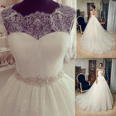 Elegant Lace Fashion Cap Sleeve Princess Wedding Dress With Crystals_2
