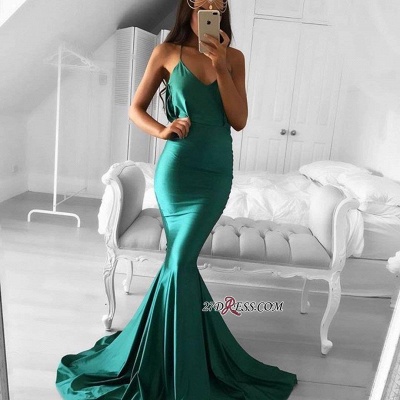 Spaghetti-strap Green Sweep-Train Modest Sleeveless Mermaid Prom Dress UK BA5380_2
