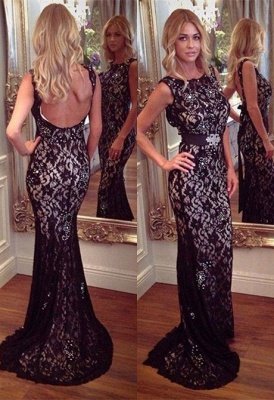 Elegant Lace Mermaid Jewel Backless Prom Dress UK Sweep Train_1
