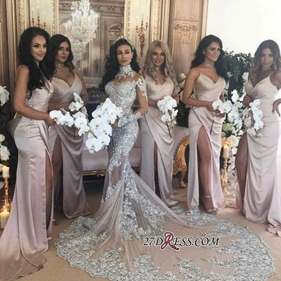 Silver Glamorous Lace Long-Sleeve Sexy Mermaid High-Neck Wedding Dresses UK BH-362_3