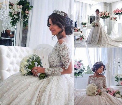 Pretty Lace Long Sleeve Princess Wedding Dresses UK Ball Gown With Appliques_4