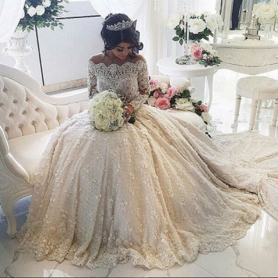 Pretty Lace Long Sleeve Princess Wedding Dresses UK Ball Gown With Appliques_3