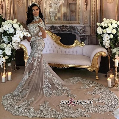Silver Glamorous Lace Long-Sleeve Sexy Mermaid High-Neck Wedding Dresses UK BH-362_7