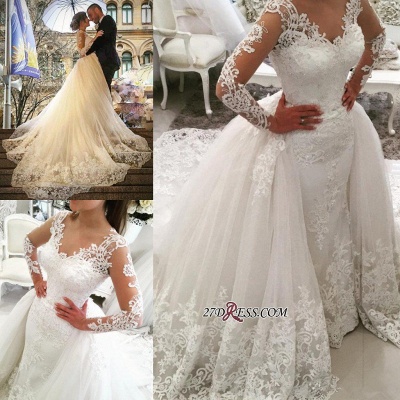 Tulle Long-Sleeves V-Neck Elegant Appliques Detachable-Skirt Wedding Dress BA4167_1