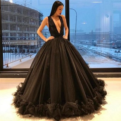 Ruffles Sequins Black Sparkling Puffy Deep-V-Neck Elegant Tulle Sleeveless Evening Dress UK_2