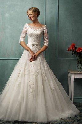 Modern Half-sleeve Tulle Lace Appliques Princess Wedding Dress With Bowknot_1