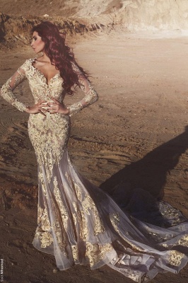 Mermaid Long-Sleeves Appliques Elegant Crystal Prom Dress UK BA4470_1