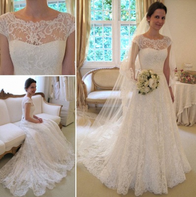 Lace A-line Princess Wedding Dresses UK with Cap Sleeves_3