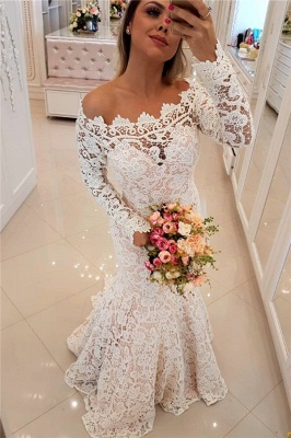 Off The Shoulder Lace Sexy Mermaid Wedding Dresses UK Long Sleeve Bride Dress_1