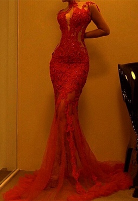 Charming Red Mermaid Evening Dress UK | Long Sleeves High Neck Lace Prom Dress UK_1