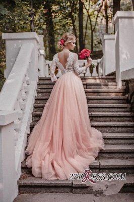 Lace Tulle V-Neck Pink Pretty Long-Sleeve Zipper Wedding Dress_1