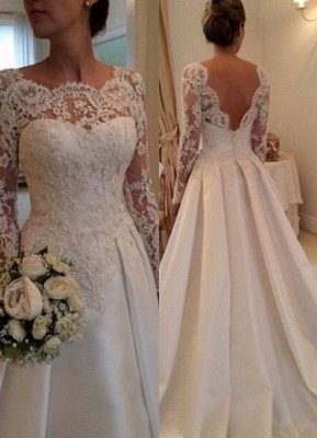 Elegant Illusion Long Sleeve Wedding Dress With Lace Appliques_1