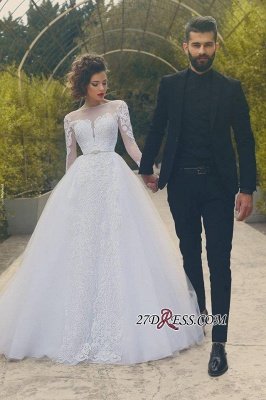 Crystal Tulle White Elegant Long-Sleves Appliques Wedding Dress_2