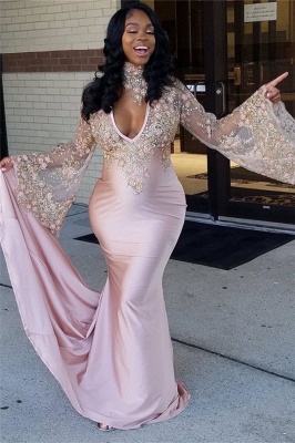 Luxury Long Sleeve Prom Dress UK Mermaid Pink With Lace Appliques BK0_1