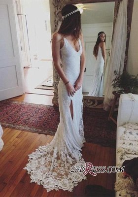 Gorgeous Lace Sleeveless V-Neck Split Beach Wedding Dress_1