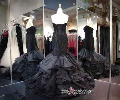 Modern Black Sweetheart Sweep-Train Ruffles Sleeveless Lace-up Evening Gown_2