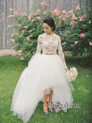 Hi-Lo Long Two Lace Piece Tulle Stunning Appliques Sleeve Wedding Dress_1