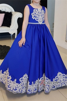 Blue Straps Royal Appliques A-Line Floor-length Flower Girl dresses_3