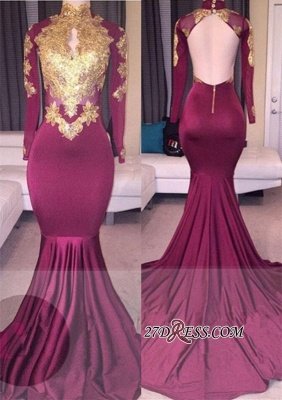 High-Neck Sexy Gold-Appliques Backless Long-Sleeves Prom Dress UKes UK BA4987_3