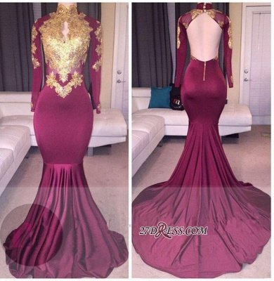 High-Neck Sexy Gold-Appliques Backless Long-Sleeves Prom Dress UKes UK BA4987_2