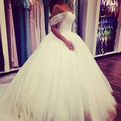Elegant Tulle Ball Gown Wedding Dress Off-the-shoulder Crystals BA3316_3