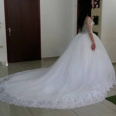 Crystals Tulle Lace Illusion Wedding Dress Long Sleeve Ball Gown_2