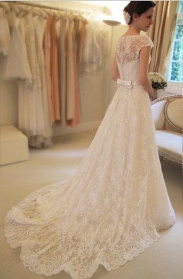 Lace A-line Princess Wedding Dresses UK with Cap Sleeves_2