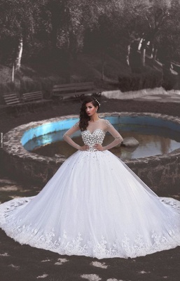 Crystals Tulle Lace Illusion Wedding Dress Long Sleeve Ball Gown_1