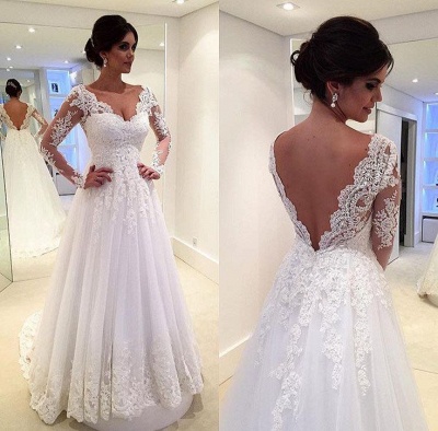 Long Sleeves Lace Beach Wedding Dresses V Neck Open Back Floor Length Bridal Gowns_2
