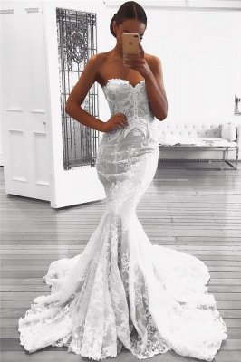 Sexy Mermaid Lace Wedding Dresses UK with Court Train | Strapless Bridal Gowns_1