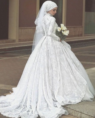 Elegant High Neck Wedding Dresses UK Lace Long Sleeves Muslim Bridal Gowns_4