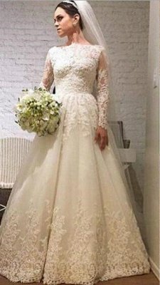 Elegant Lace Appliques Tulle Wedding Dress Long Sleeve A-line_1