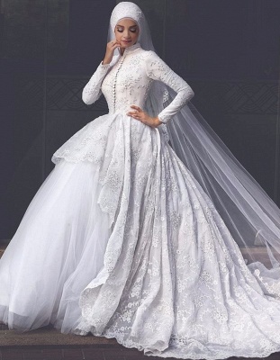 Elegant High Neck Wedding Dresses UK Lace Long Sleeves Muslim Bridal Gowns_6