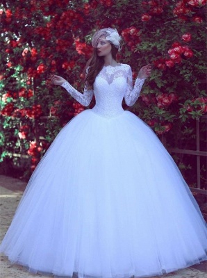 Modest Lace Appliques White Wedding Dress Long Sleeve Floor-length_2